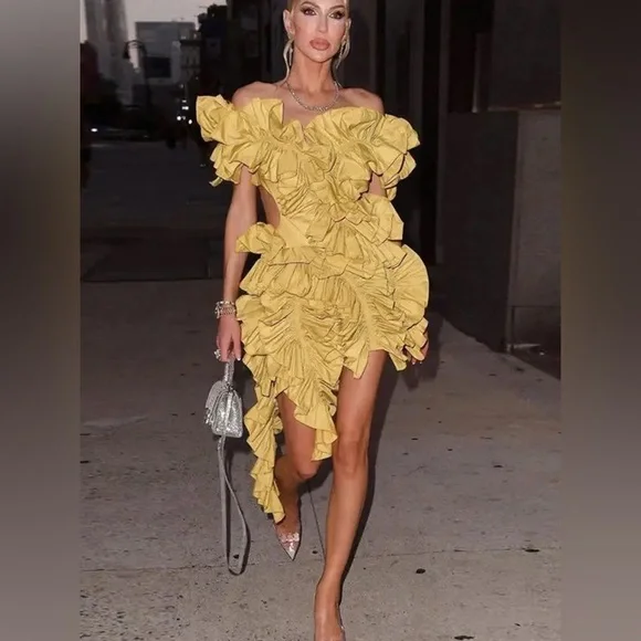 Elegant Ruffle Statement Mini Dress – Off-Shoulder Layered Halter Cocktail Dress - Picture 7 of 13